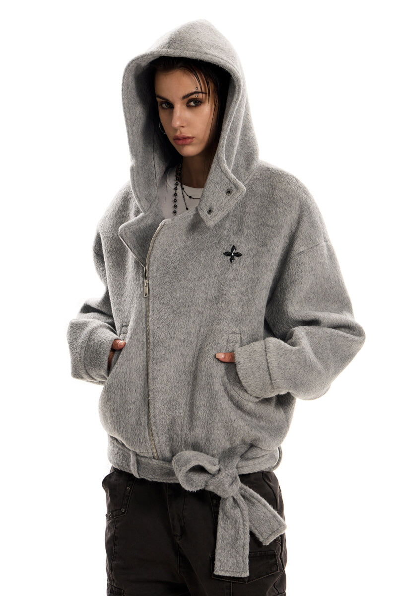 Urban Wool Tie-Belt Hoodie Jacket