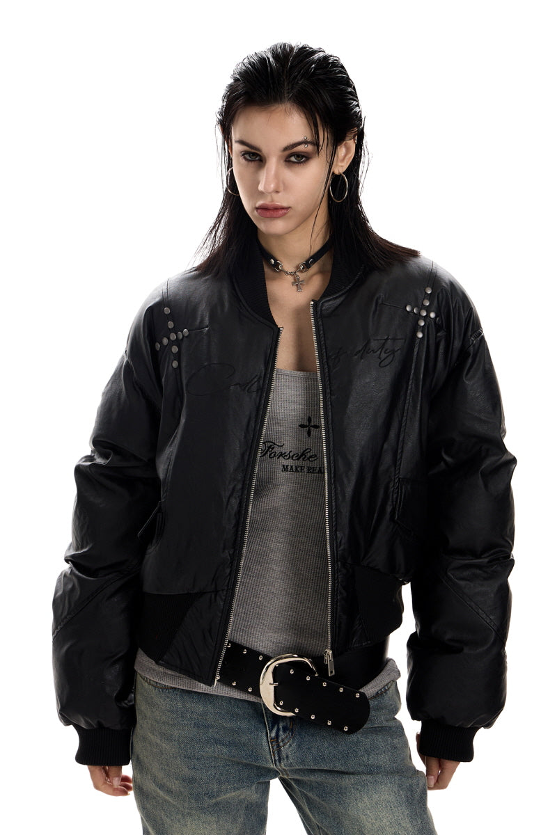 Stud Detail Cropped Leather Bomber Jacket