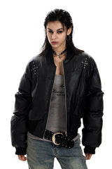 Stud Detail Cropped Leather Bomber Jacket