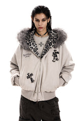 Leopard Cross Faux-Fur Hooded Bomber - Gray