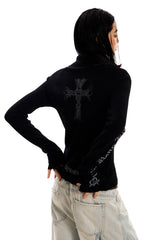 Crossed Shadows Ribbed Zip Sweater - Black
