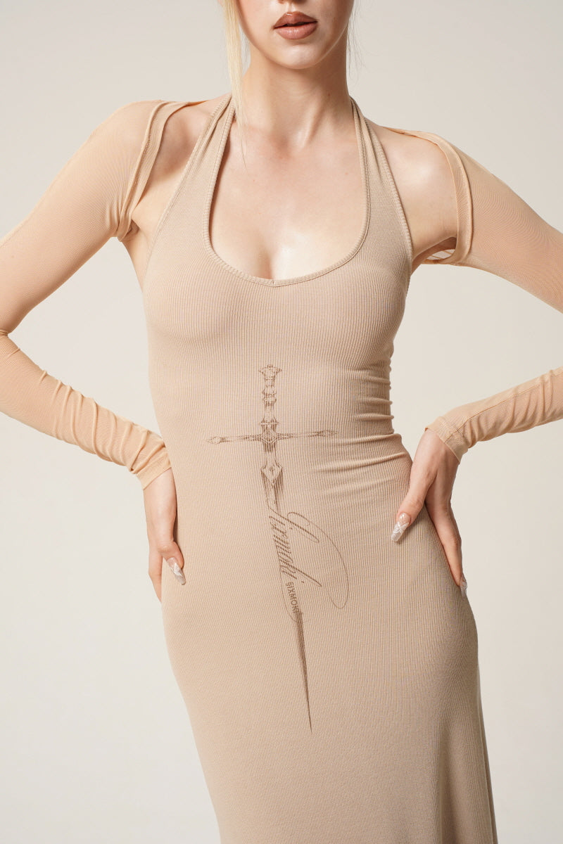 Beige Sheer Sleeve Halterneck Maxi Dress