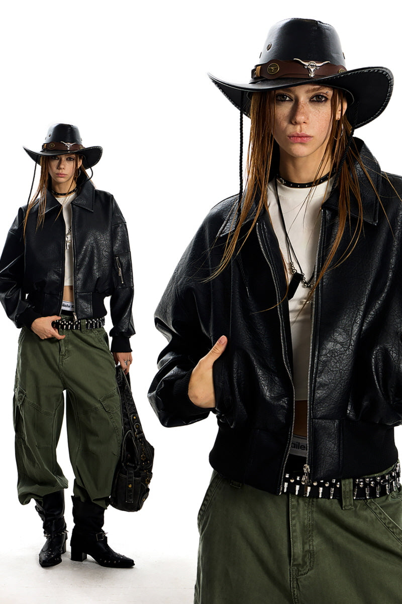 Rogue Flight Leather Bomber Jacket - Black