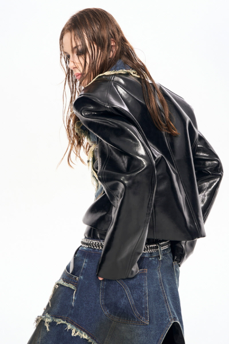 Raw Riot Denim-Panel Cropped Leather Jacket - Black