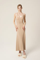 Beige Sheer Sleeve Halterneck Maxi Dress