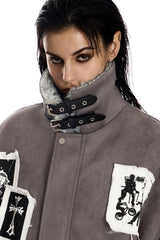 Shadow Patch Fur-Collar Warm Jacket - Gray