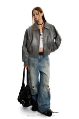 Rogue Flight Leather Bomber Jacket - Gray