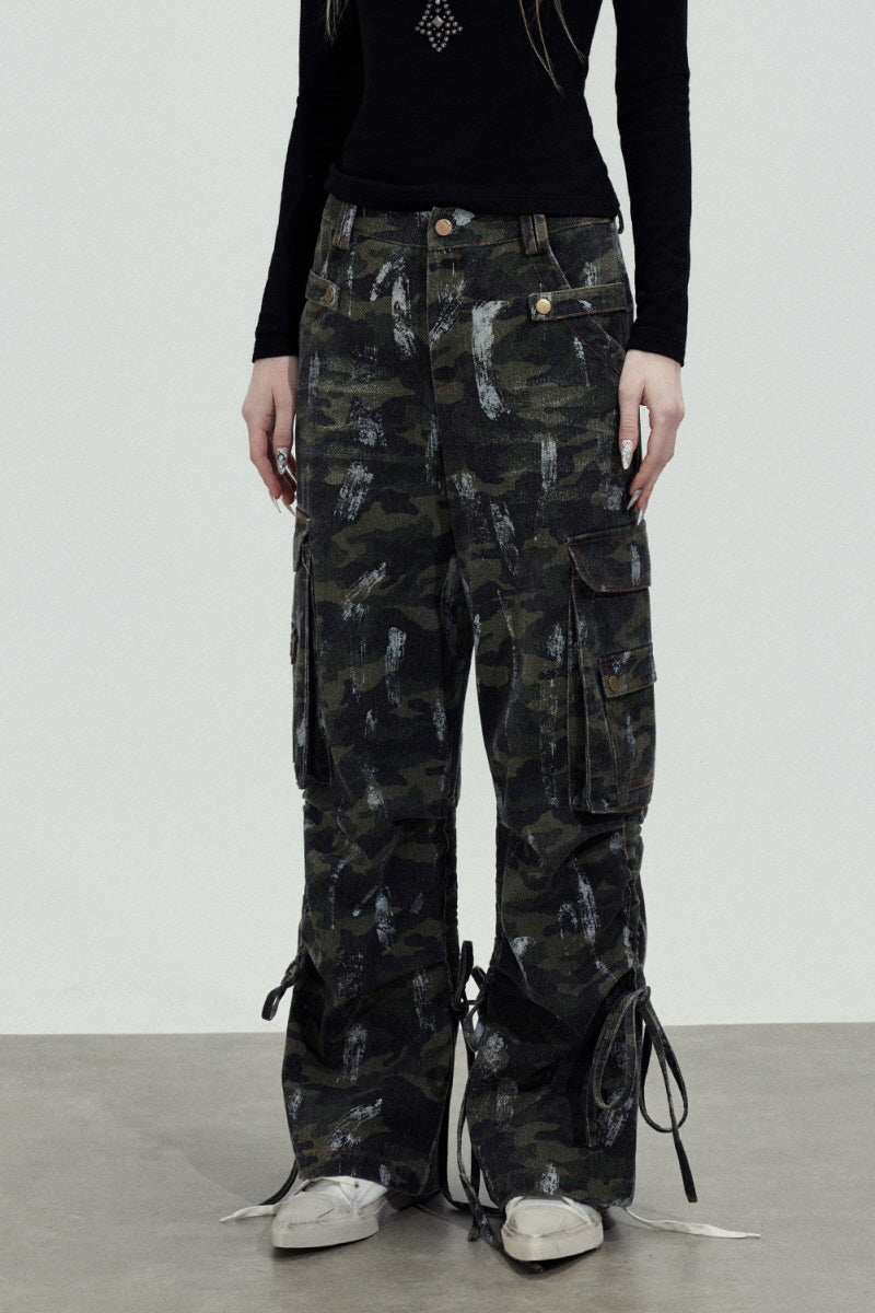 Camo Strap Wide Cargo Pants