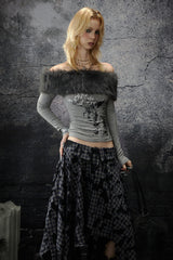 Fur Trim Off-Shoulder Top - Gray
