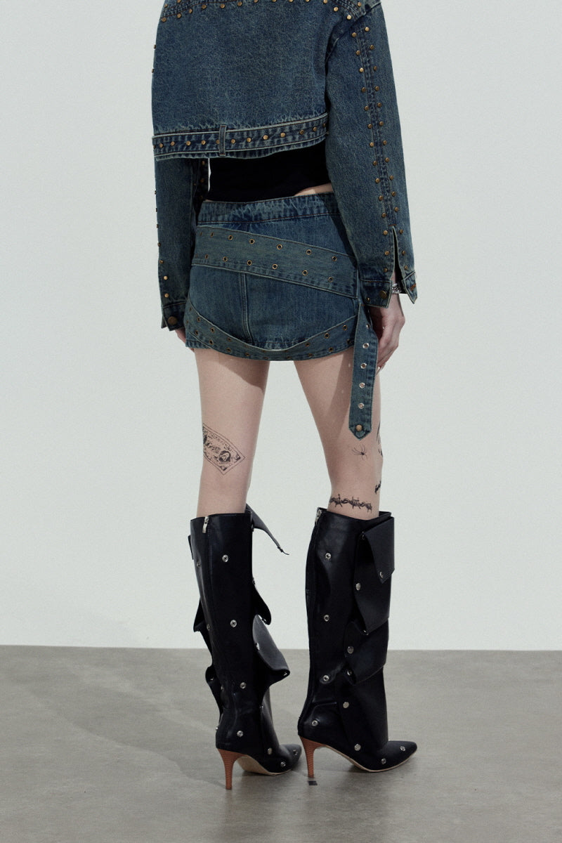 Double Belt Denim Mini Skirt