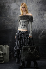 Fur Trim Off-Shoulder Top - Gray