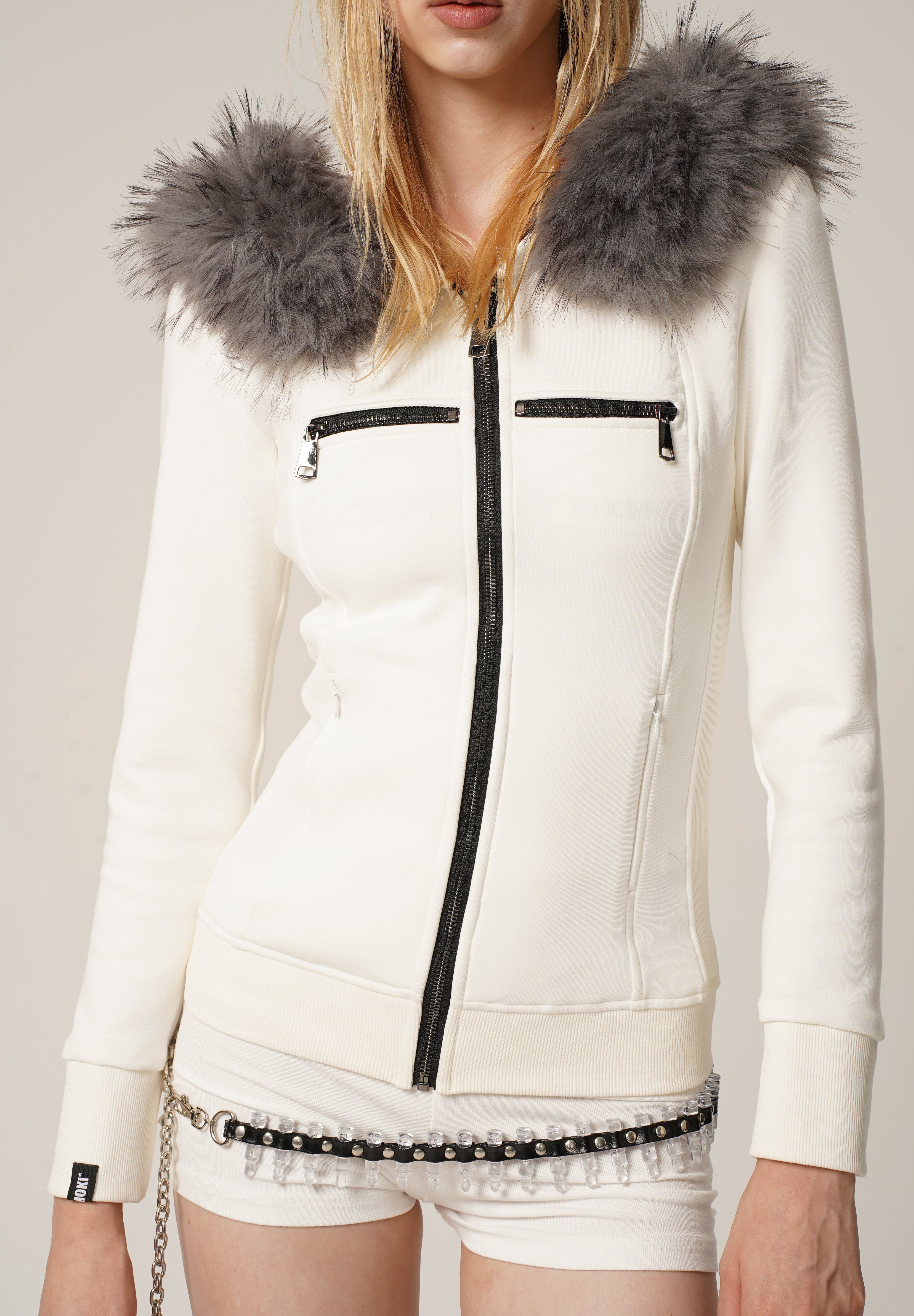 Fur Trimmed Elegance Hoodie Jacket - White