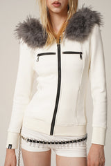 Fur Trimmed Elegance Hoodie Jacket - White