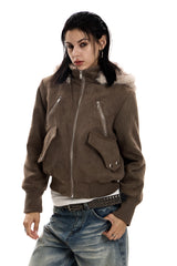 Urban Edge Fur-Trim Short Jacket - Dark Brown