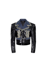 Raw Riot Denim-Panel Cropped Leather Jacket - Black