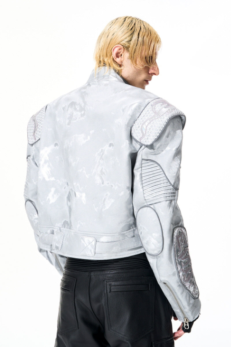 Obsidian Edge Cropped Biker Leather Jacket - Silver