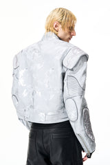 Obsidian Edge Cropped Biker Leather Jacket - Silver