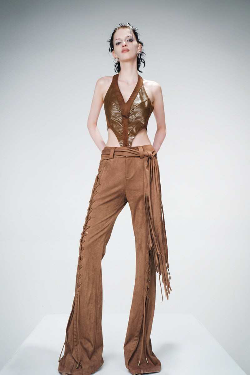 Lace-Up Fringe Flare Pants