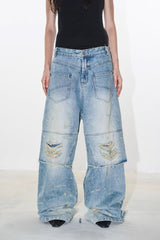 Dual-Layer Distressed Washed Wide-Leg Jeans