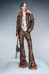 Raw Edge Layered Leather Pants with Detachable Fur Accents-Brown