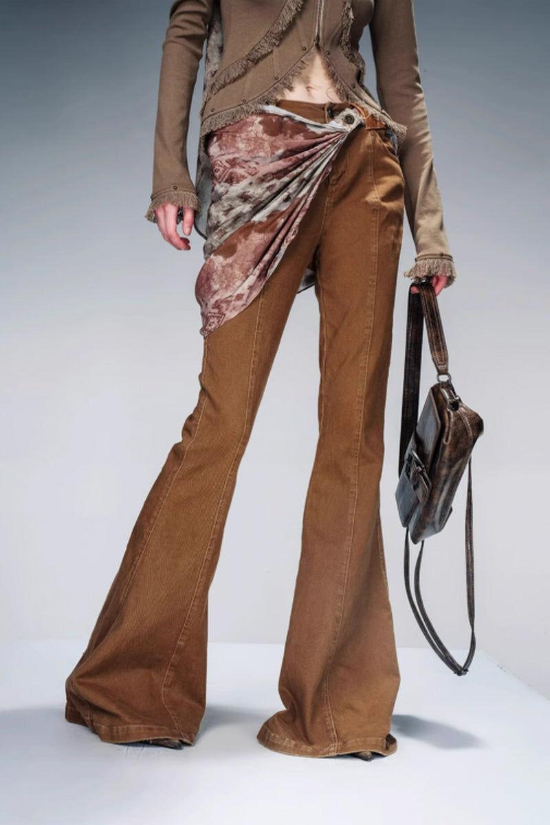 Velvet Whisper Layered Bootcut Pants (Including Silk Scarf) - Brown