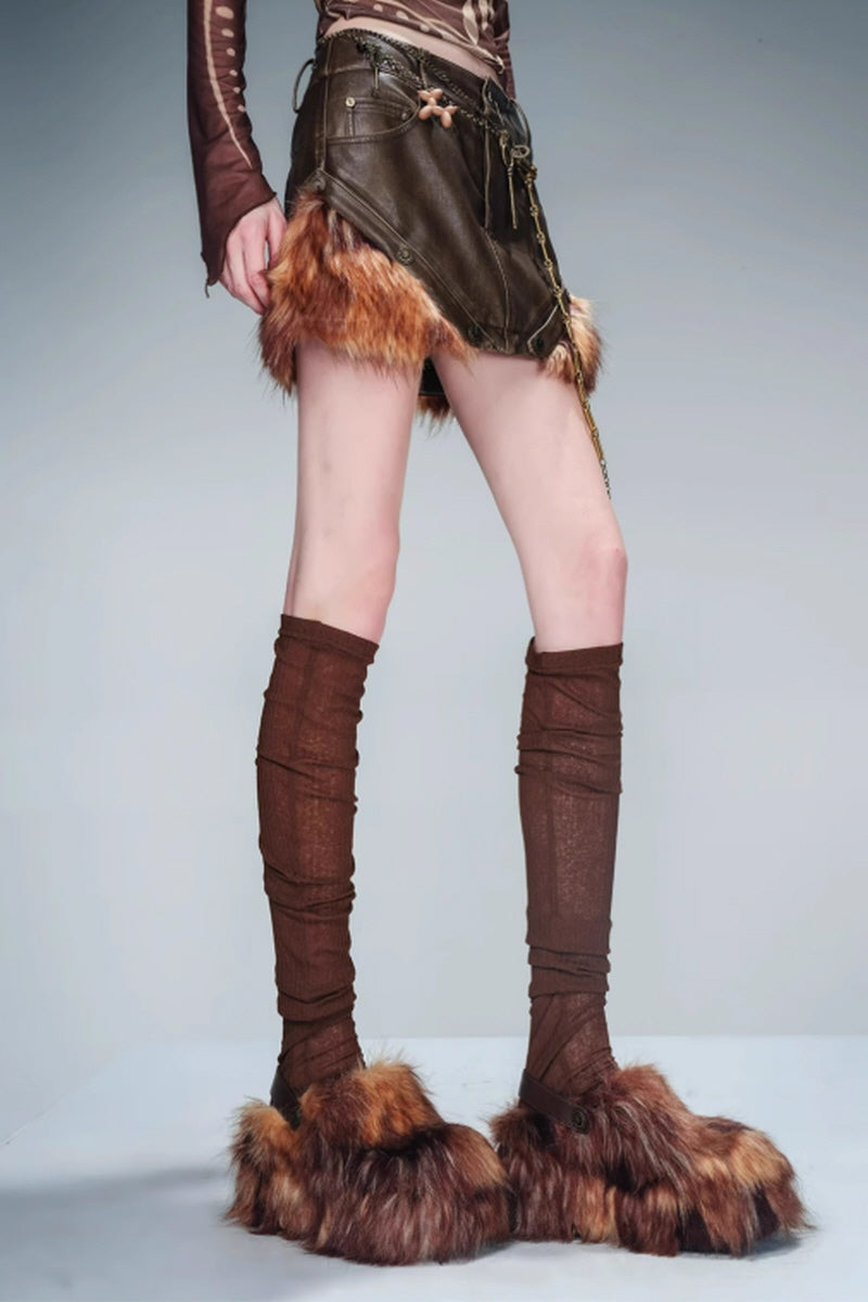 Boundary Shift Fur-Trimmed Leather Skirt-Brown