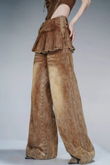 Pleated Overlayer Denim Wide-Leg Pants-Brown