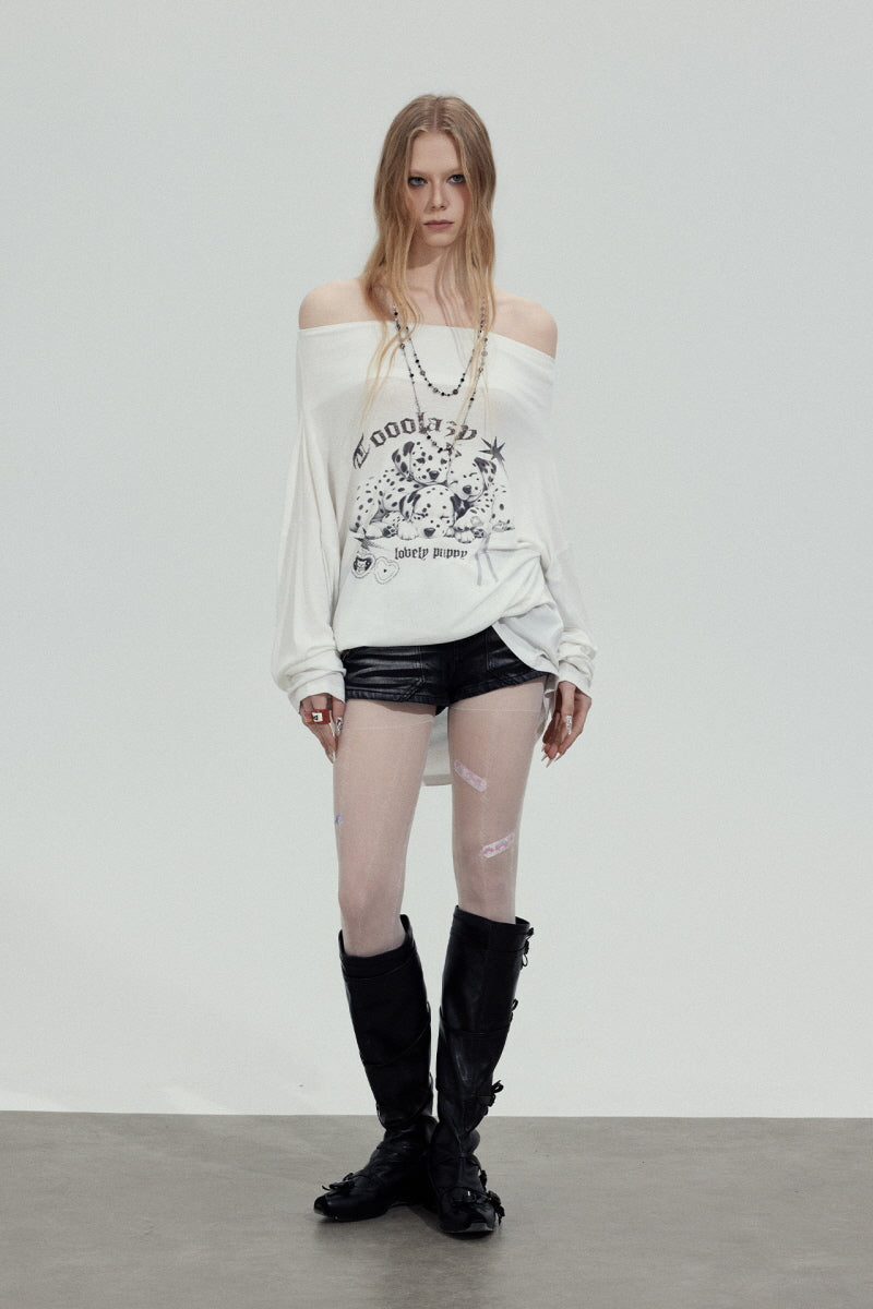 Graphic Off-Shoulder Loose Top