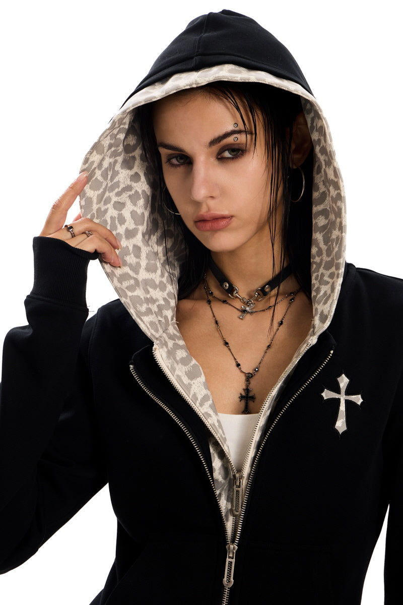 Leopard Lined Cross Zip Hoodie