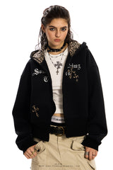 Leopard Crest Cropped Hoodie - Black