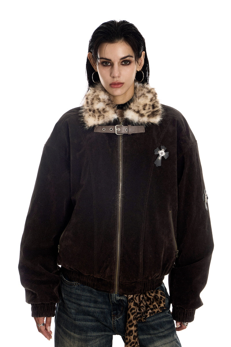 Leopard Lined Suede Bomber Jacket