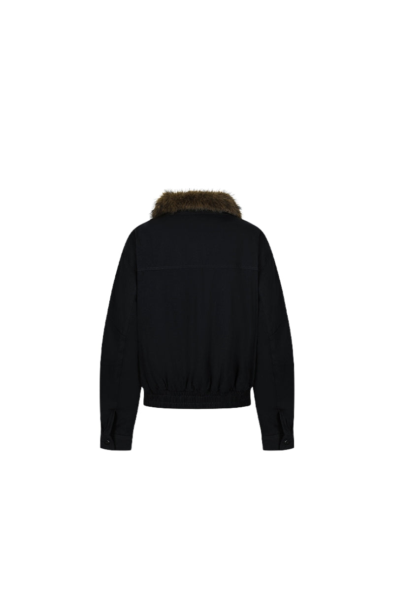 Midnight Cargo Fur-Collar Jacket - Black