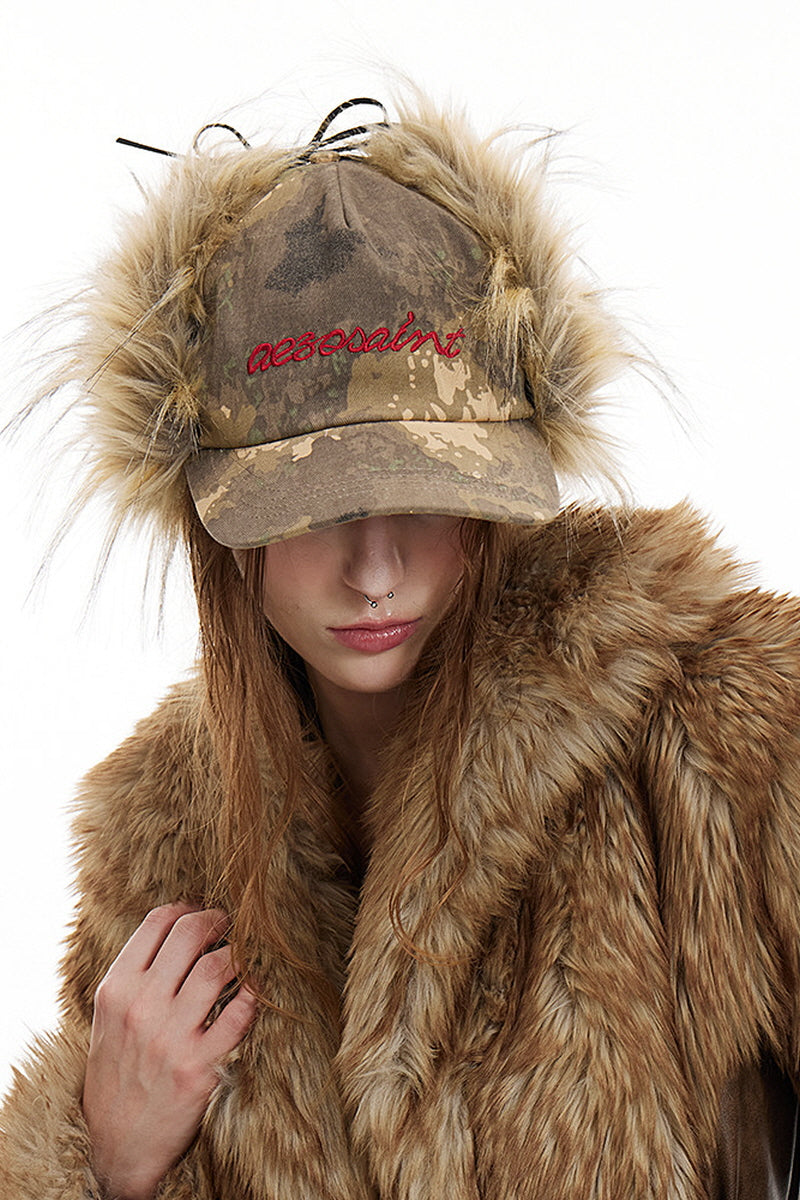 Fur-Trim Camo Baseball Cap