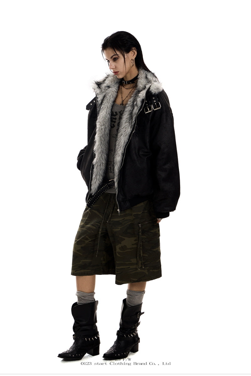 Shadow Crest Faux-Fur Suede Bomber Jacket - Black