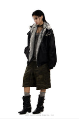 Shadow Crest Faux-Fur Suede Bomber Jacket - Black