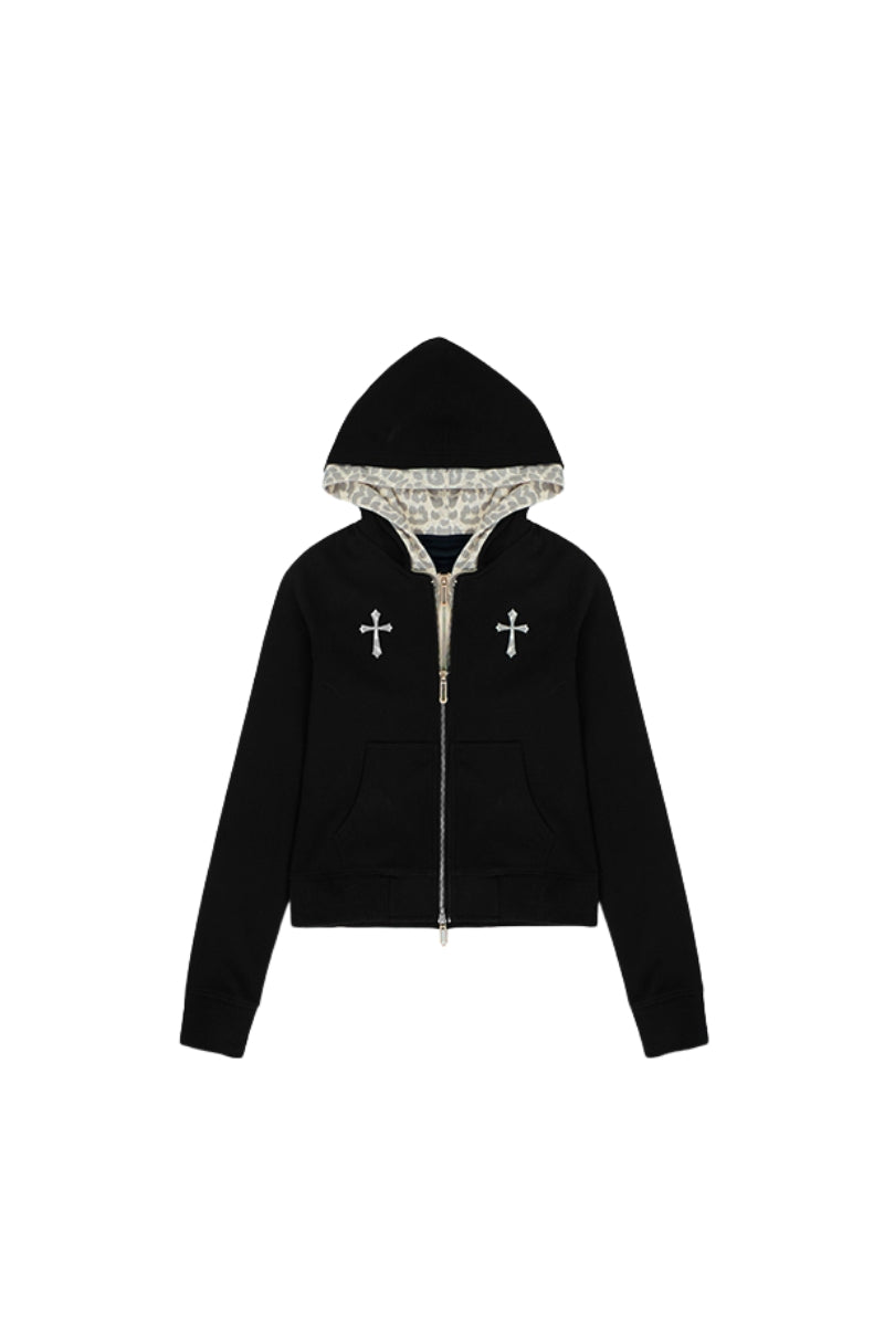 Leopard Lined Cross Zip Hoodie