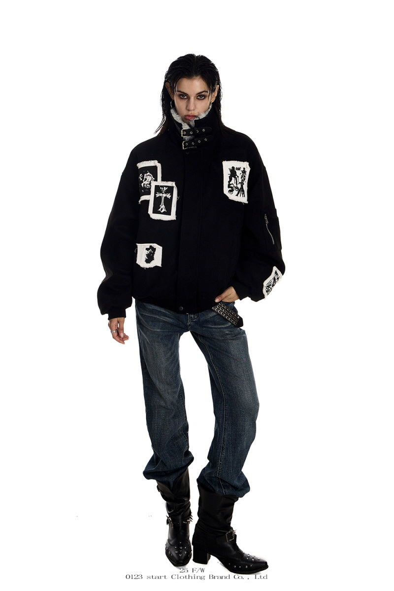 Shadow Patch Fur-Collar Warm Jacket - Black