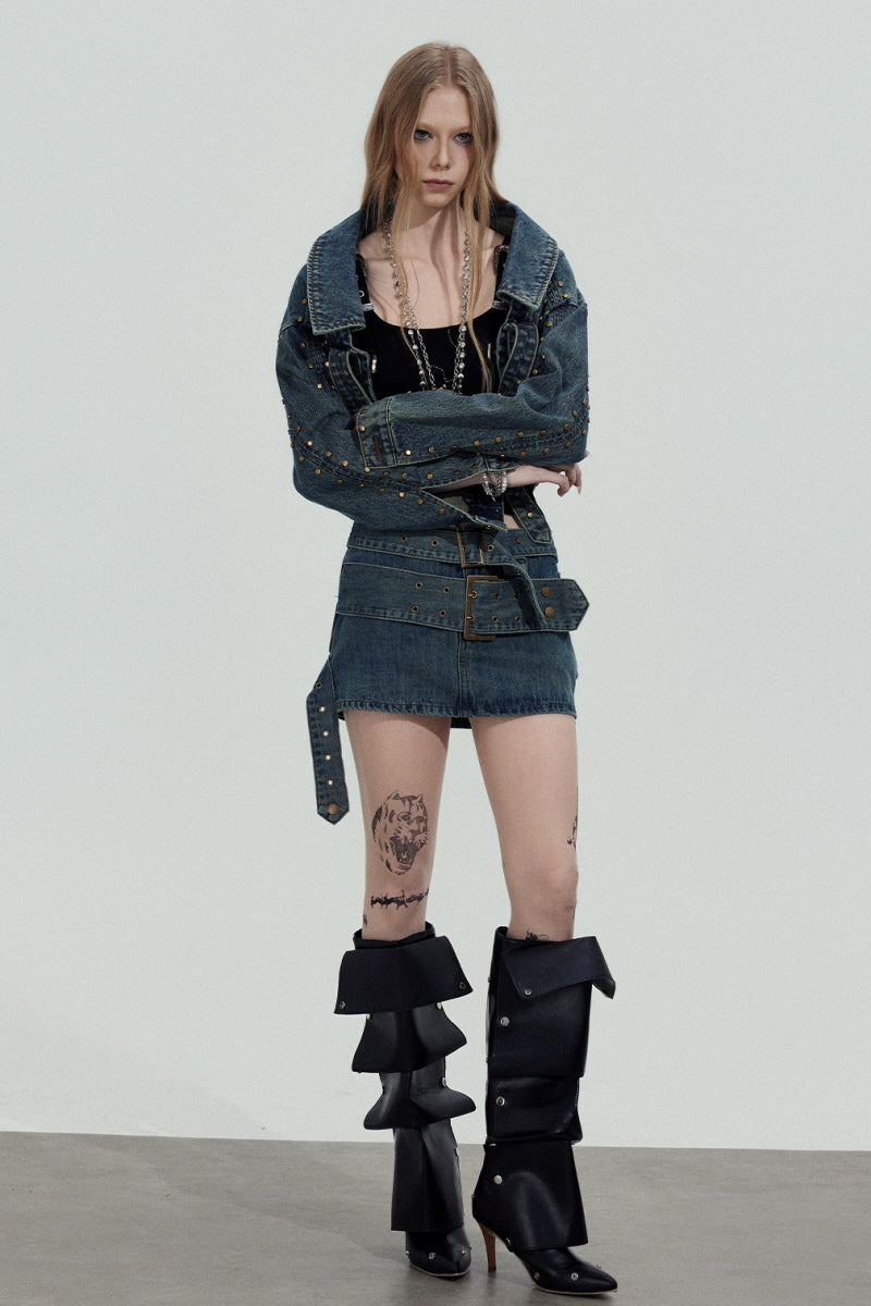 Double Belt Denim Mini Skirt