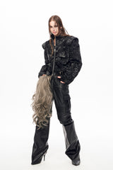 Obsidian Edge Cropped Biker Leather Jacket - Black