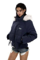 Frostbound Lace-Up Cropped Puffer Jacket - Navy
