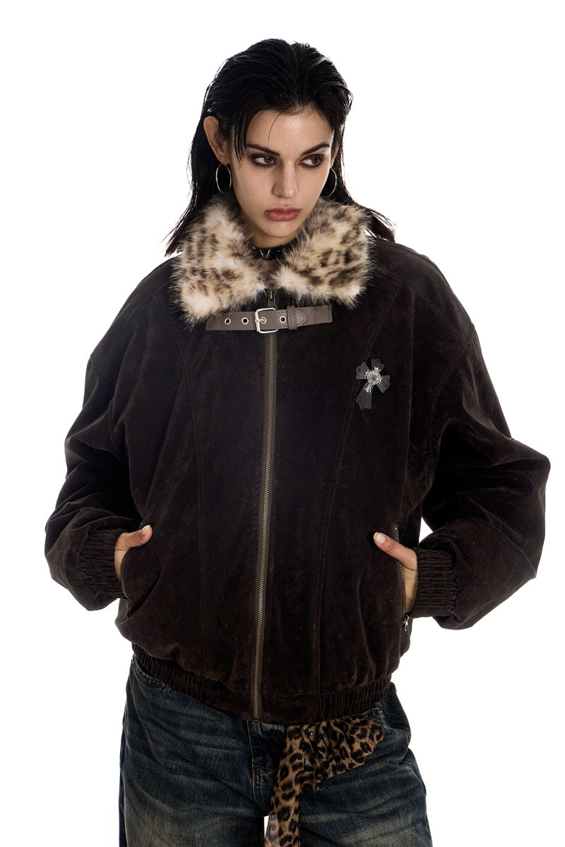 Leopard Lined Suede Bomber Jacket