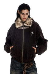 Leopard Lined Suede Bomber Jacket