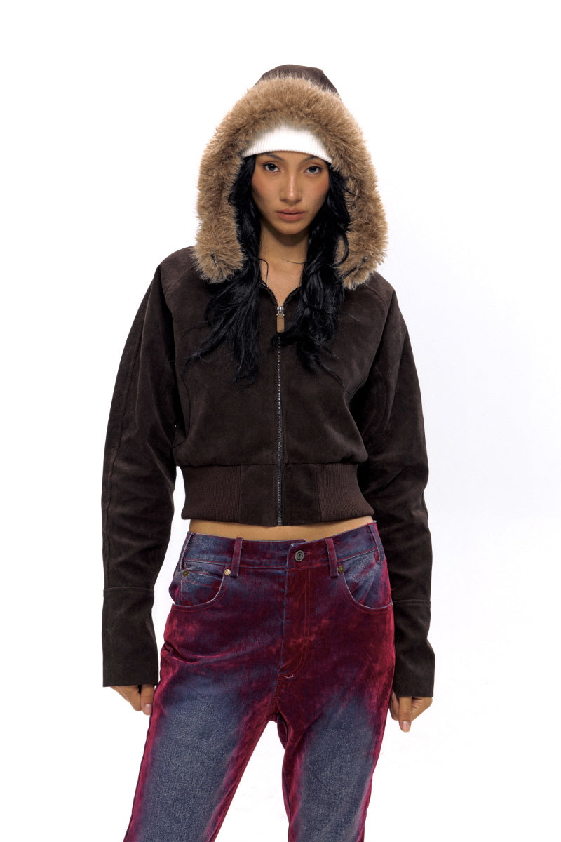 Faux Fur Trimmed Cropped Suede Hoodie