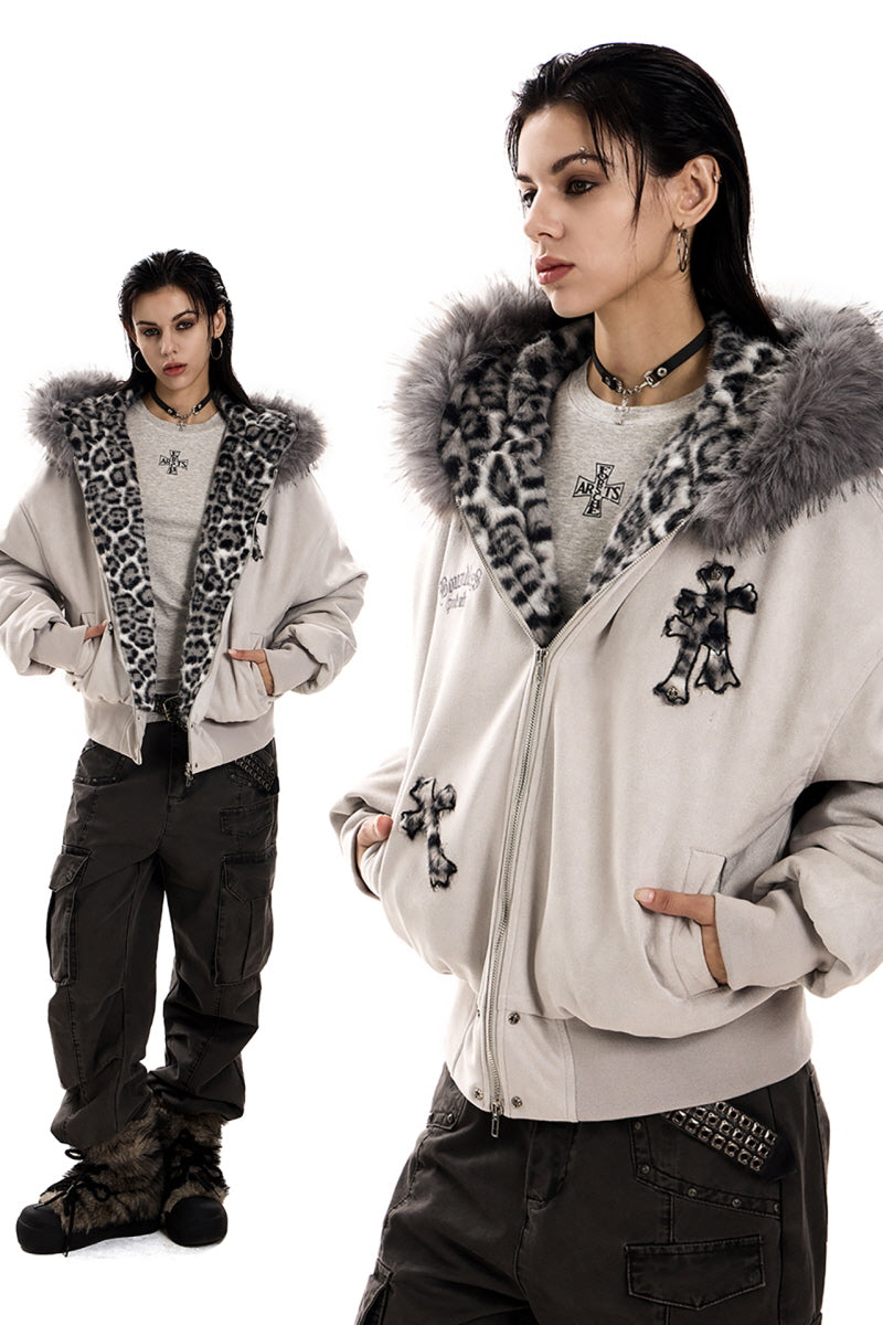 Leopard Cross Faux-Fur Hooded Bomber - Gray