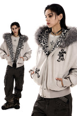 Leopard Cross Faux-Fur Hooded Bomber - Gray