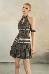 Buckle Trace Halterneck Top + Distressed Buckle Pleated Mini Skirt SET