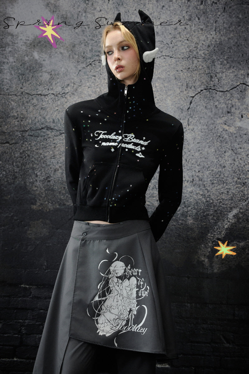 Playful Dual-Spirit Hoodie Jacket - Black