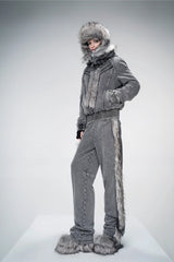 Faux Fur Trim Quilted Jacket - Gray