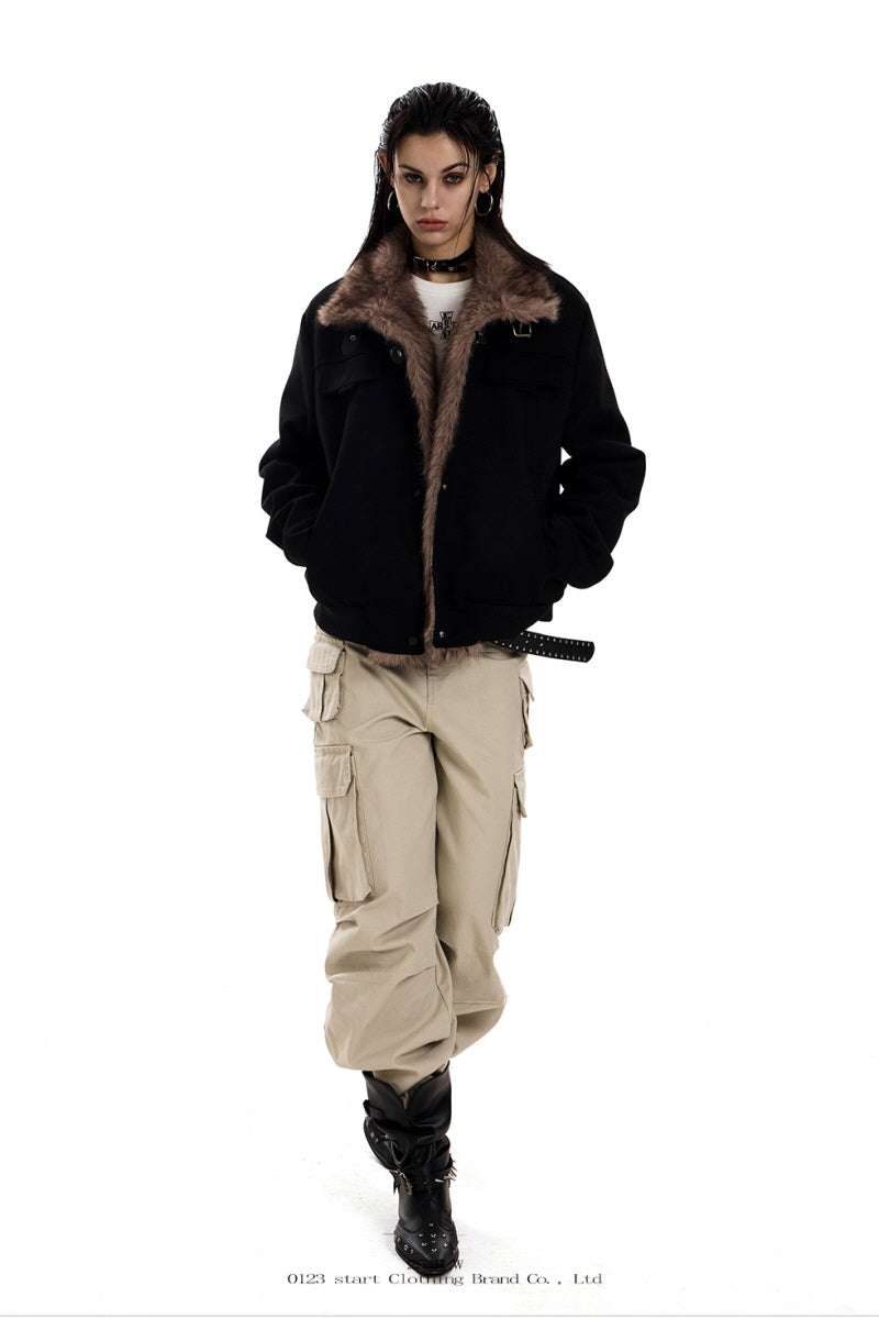 Faux Suede Buckled Fur Collar Jacket - Black