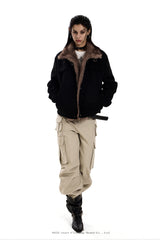 Faux Suede Buckled Fur Collar Jacket - Black